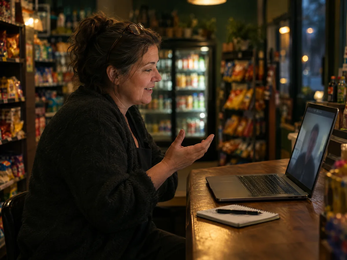 Une propriétaire de dépanneur en appel vidéo sur son portable, après la fermeture.
