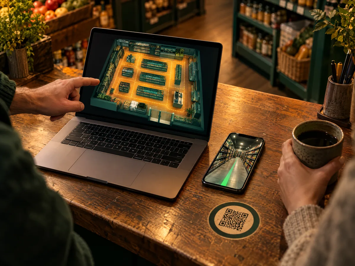 Sur un comptoir, un portable montre le plan d’un magasin et un téléphone la ligne de guidage.