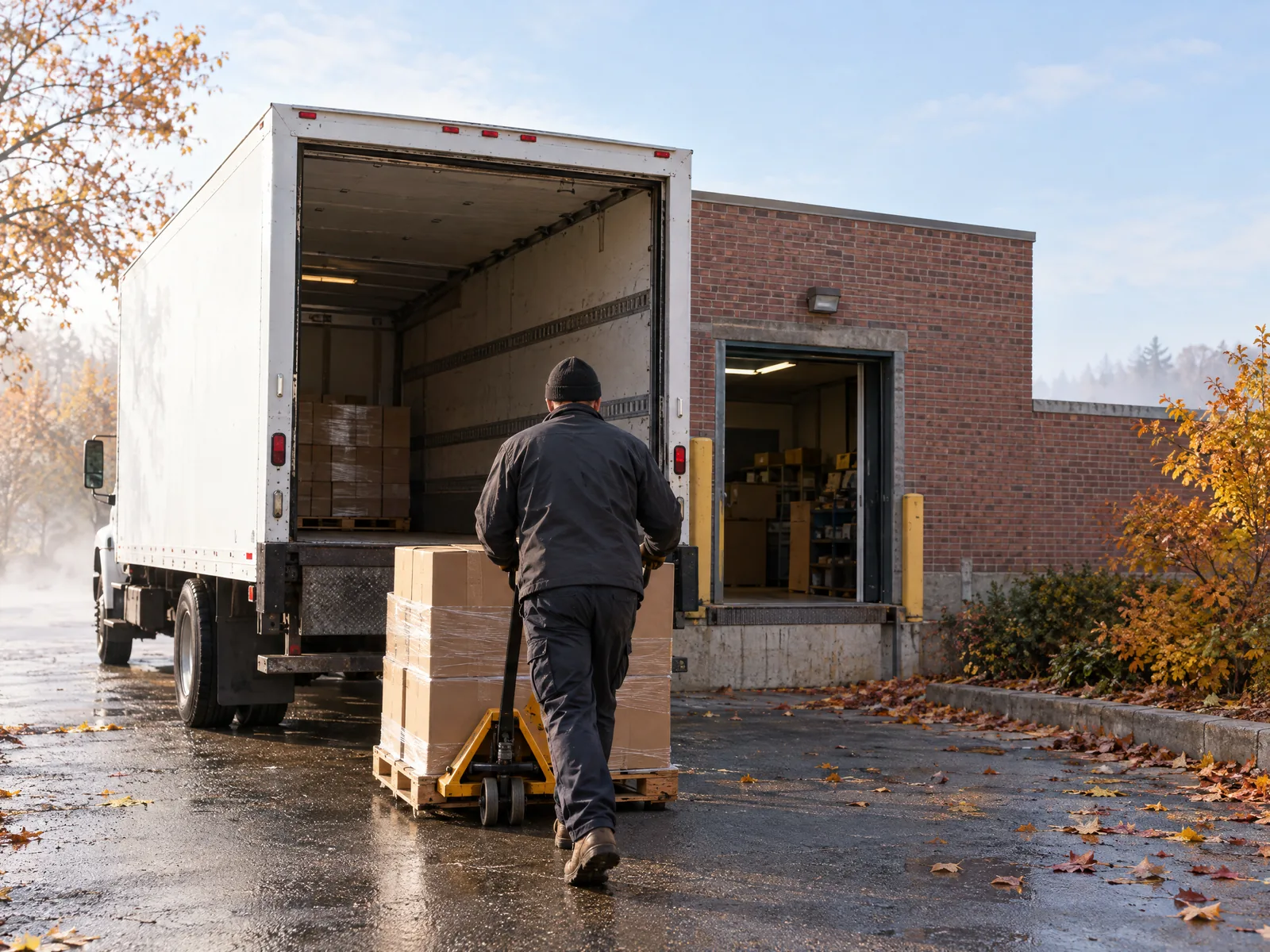 Un camion de livraison reculé à la porte arrière d’un commerce; le livreur pousse un transpalette chargé de boîtes.
