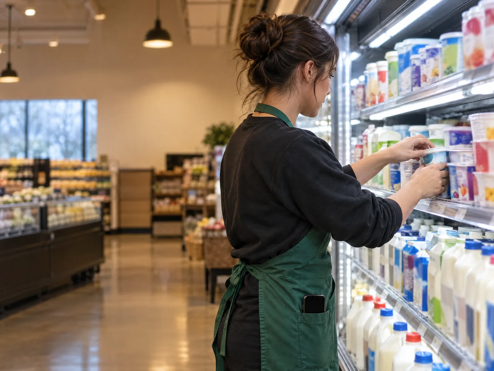 Une employée en tablier range des yogourts dans le frigo des produits laitiers d’une épicerie, tôt le matin.
