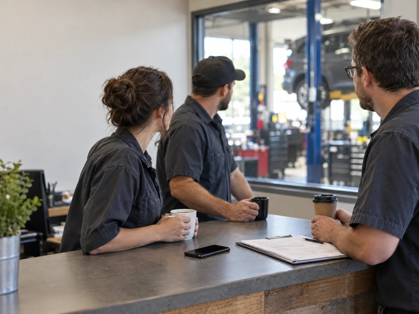 Trois employés d’un garage discutent autour du comptoir, un téléphone posé entre eux; l’atelier est visible derrière la vitre.