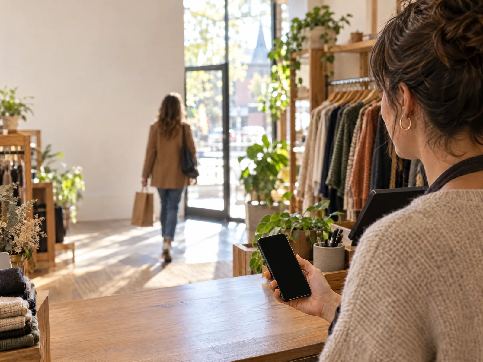 La propriétaire d’une boutique regarde son téléphone au comptoir pendant qu’une cliente sort avec son sac.