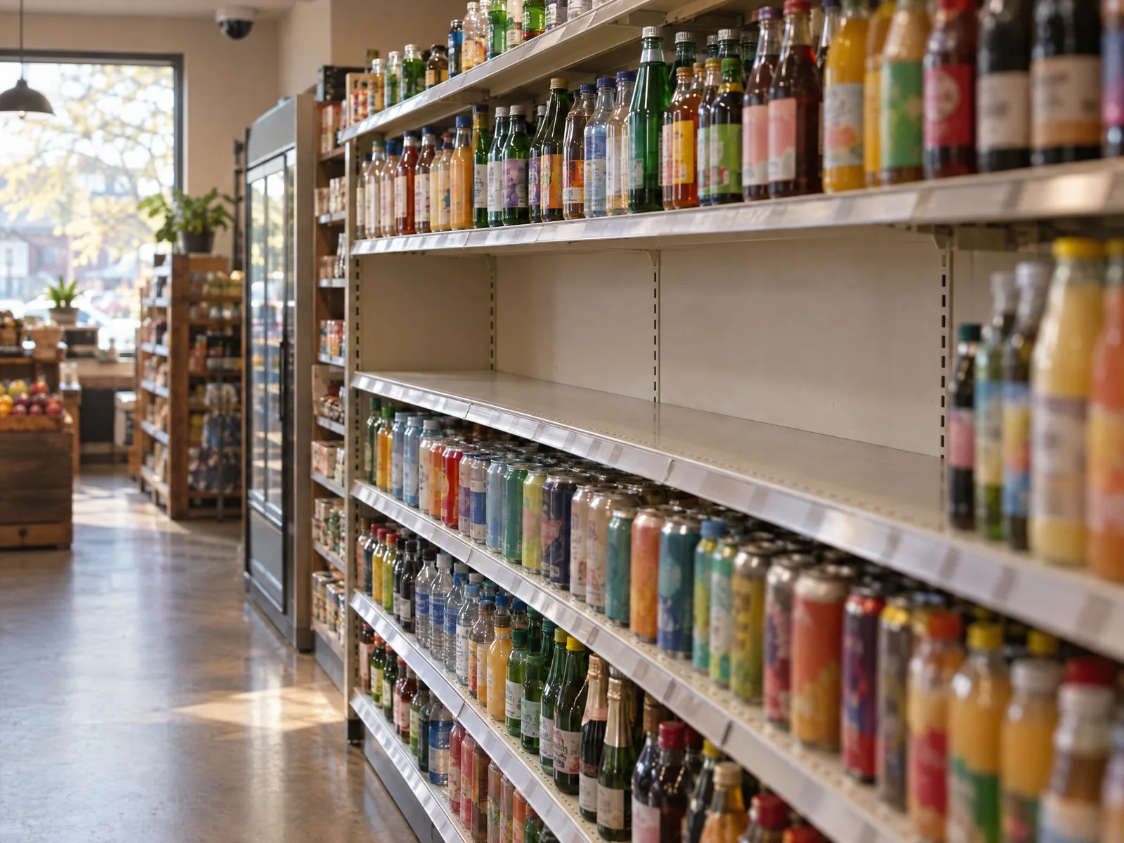 Dans une allée d’épicerie, l’étage du milieu d’une tablette de boissons est vide; les autres étages sont pleins.