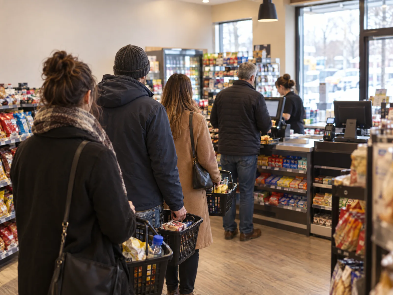 Quatre clients avec des paniers font la file à l’unique caisse ouverte d’un dépanneur.