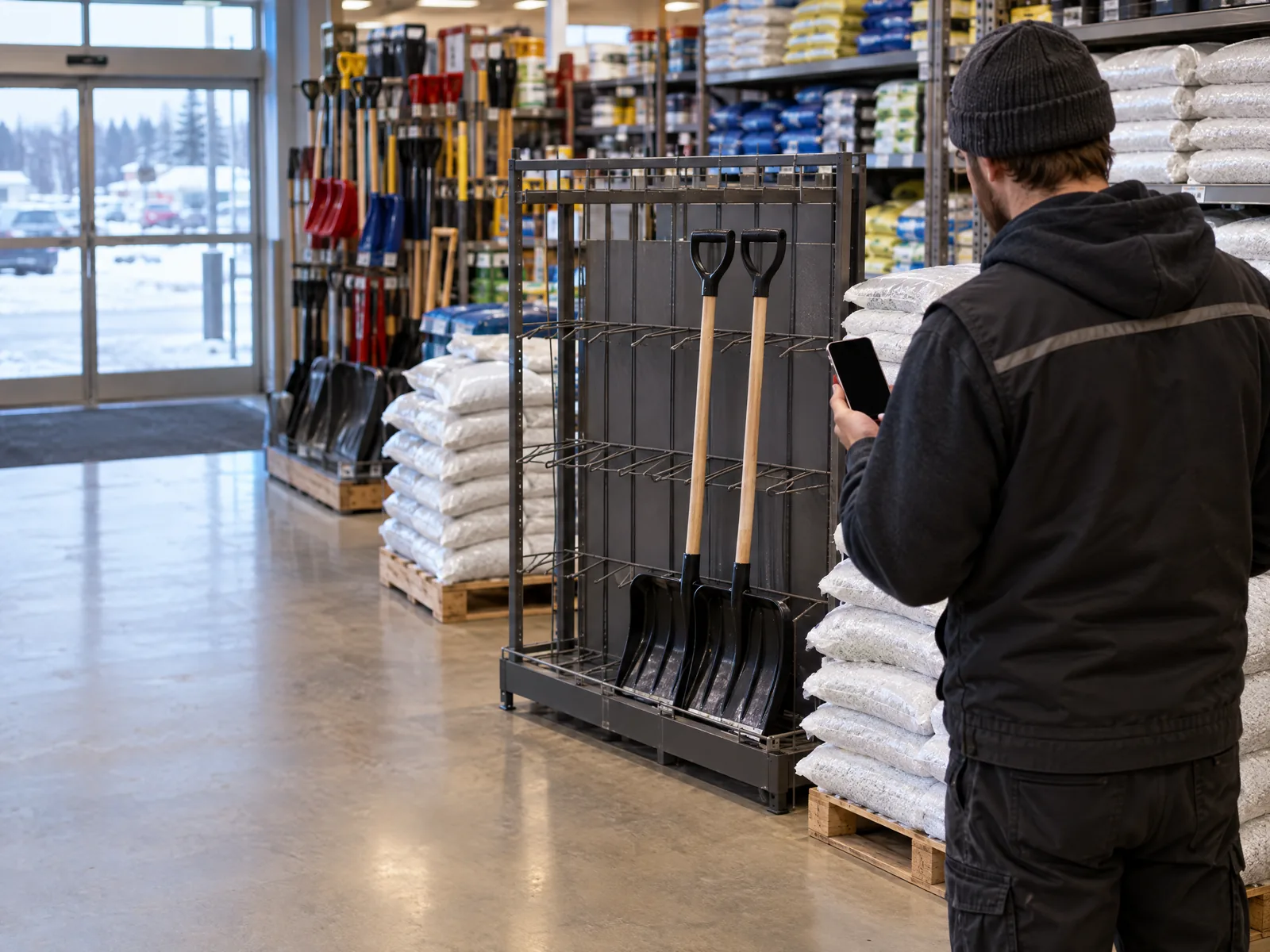 Dans une quincaillerie, un employé regarde son téléphone devant un présentoir de pelles à neige presque vide.