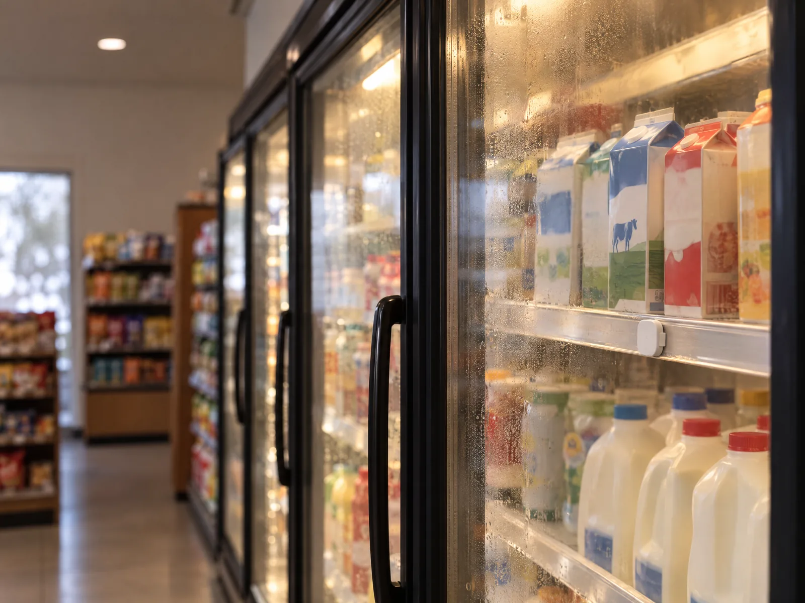Les portes vitrées embuées des frigos d’un dépanneur, remplies de cartons de lait et de boissons.