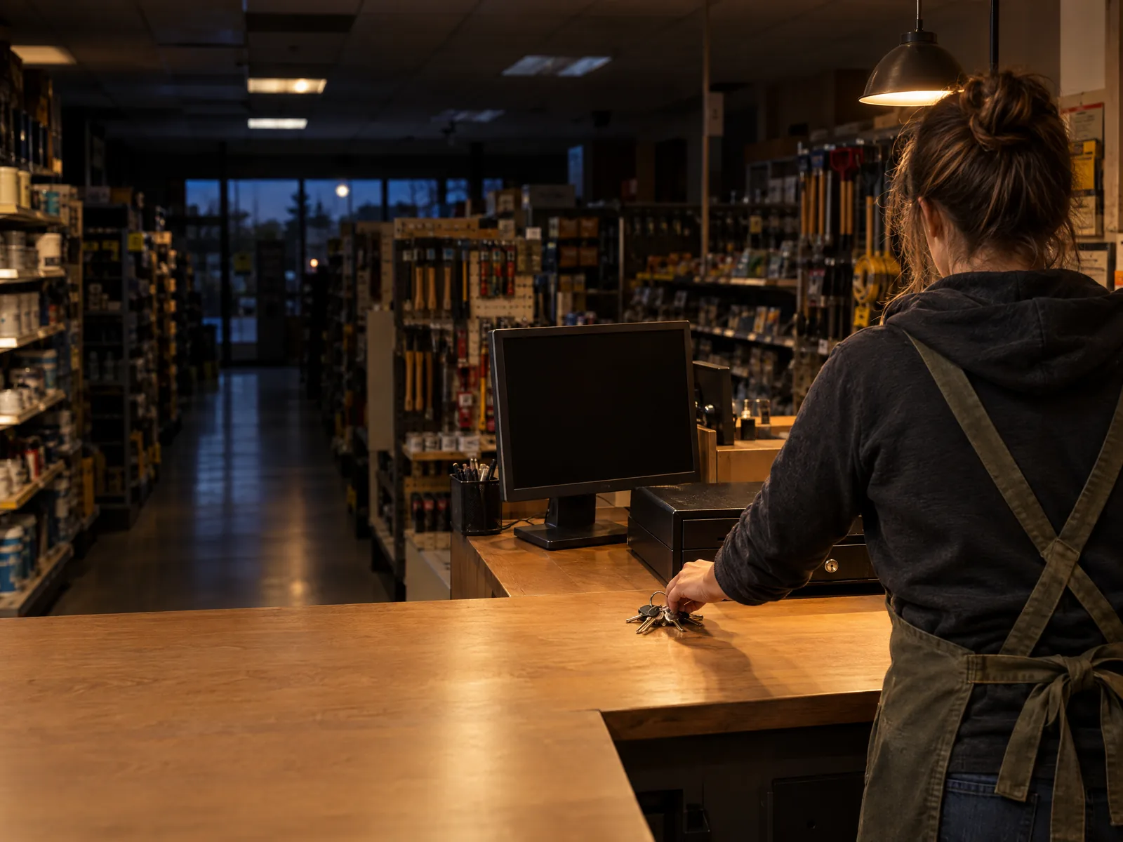 Au comptoir d’une quincaillerie à moitié éteinte, un employé prend ses clés à côté d’un écran noir.