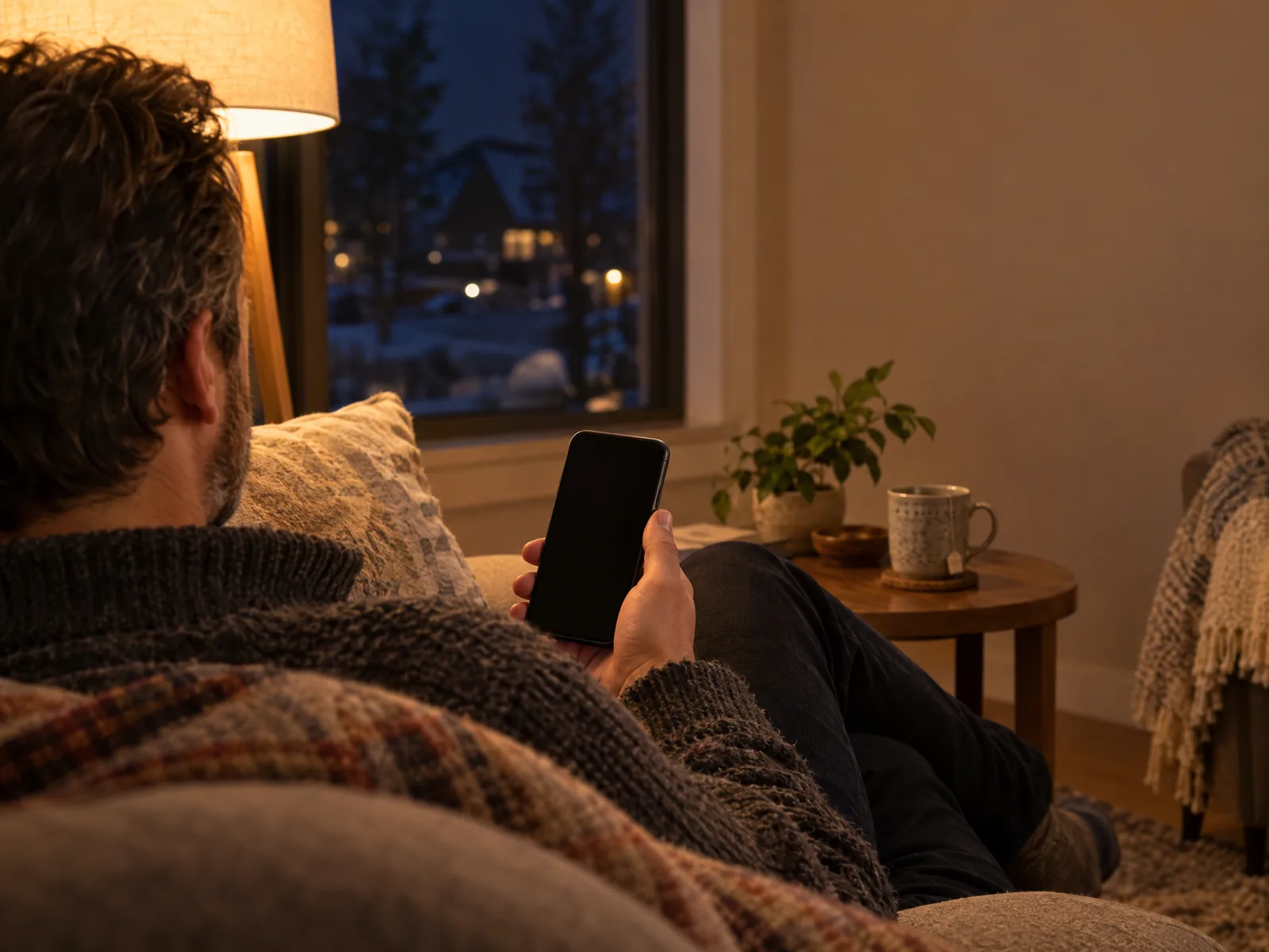 Le soir, un commerçant assis sur son canapé, sous une lampe, regarde son téléphone.