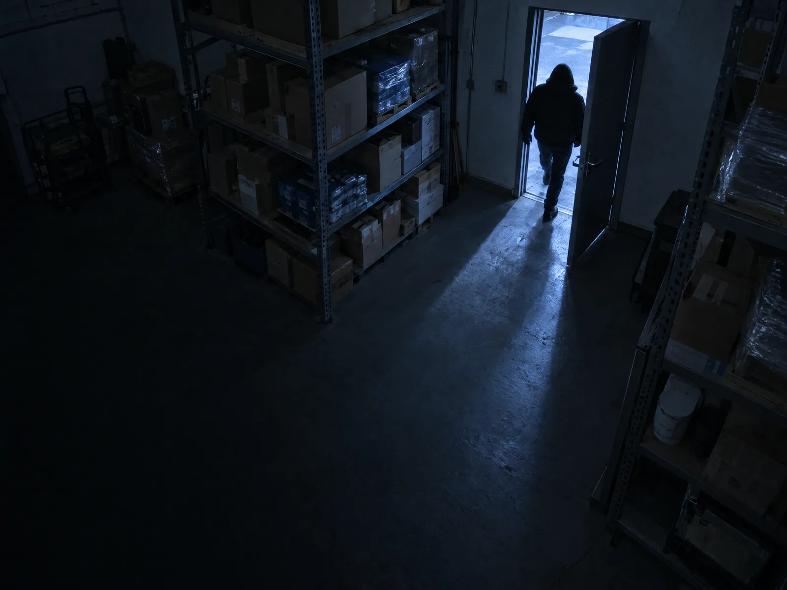 Vue d’une caméra de sécurité, la nuit : la porte arrière d’une réserve est entrouverte et une silhouette entre.