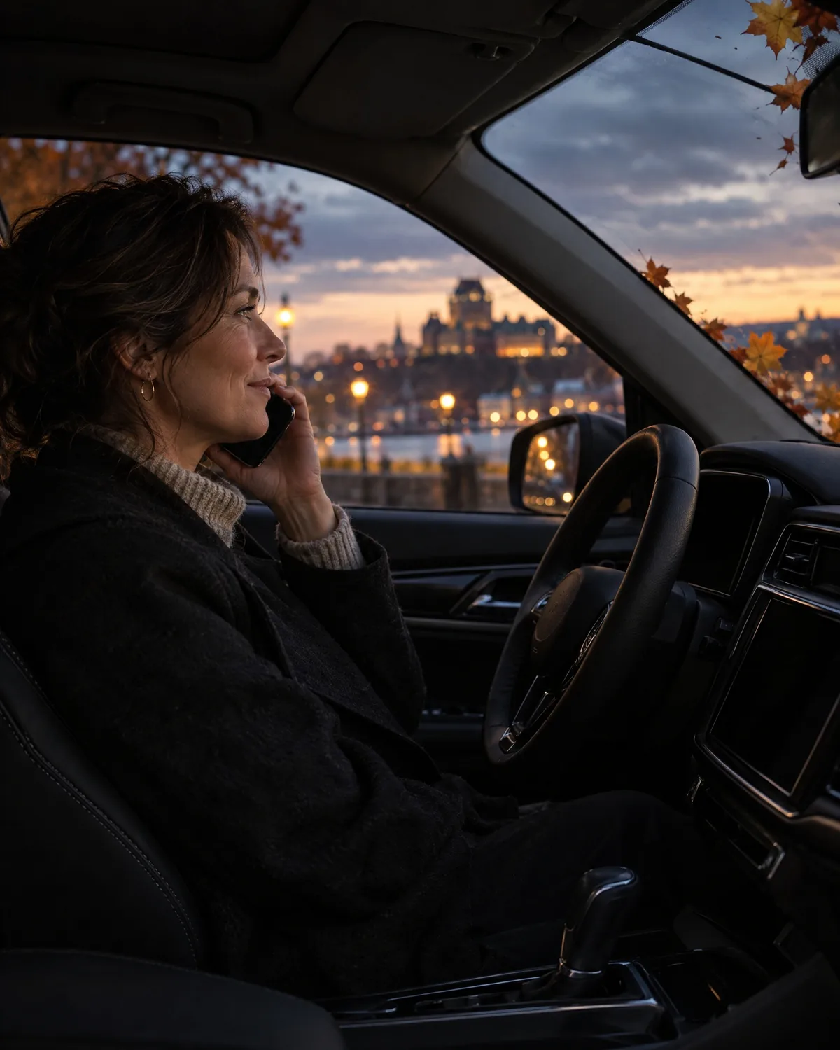 Au crépuscule, une femme assise dans sa voiture stationnée, de profil, parle au téléphone; derrière elle, les lumières de Québec.