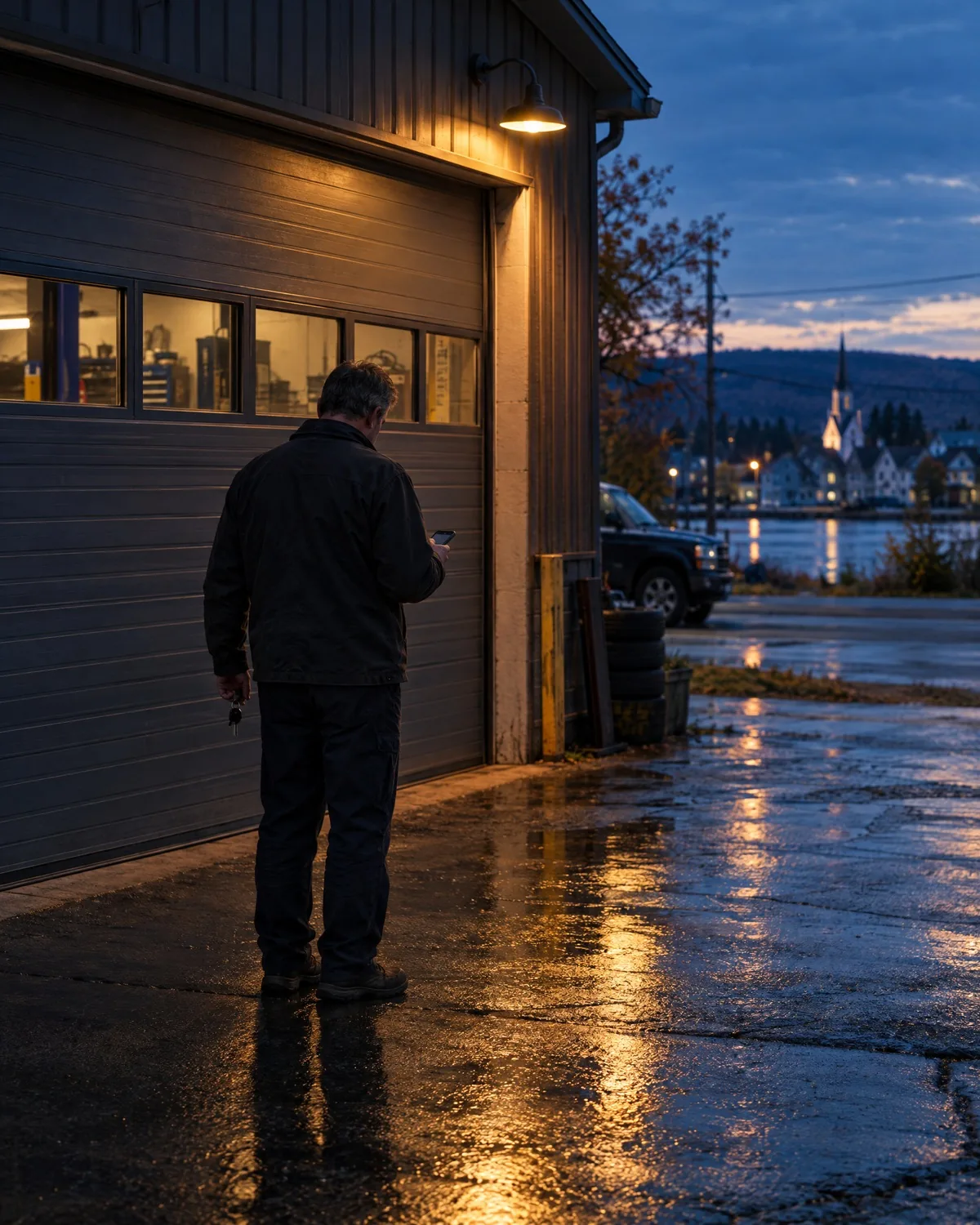 À la brunante, devant la porte fermée de son garage, le propriétaire, de dos, regarde son téléphone.