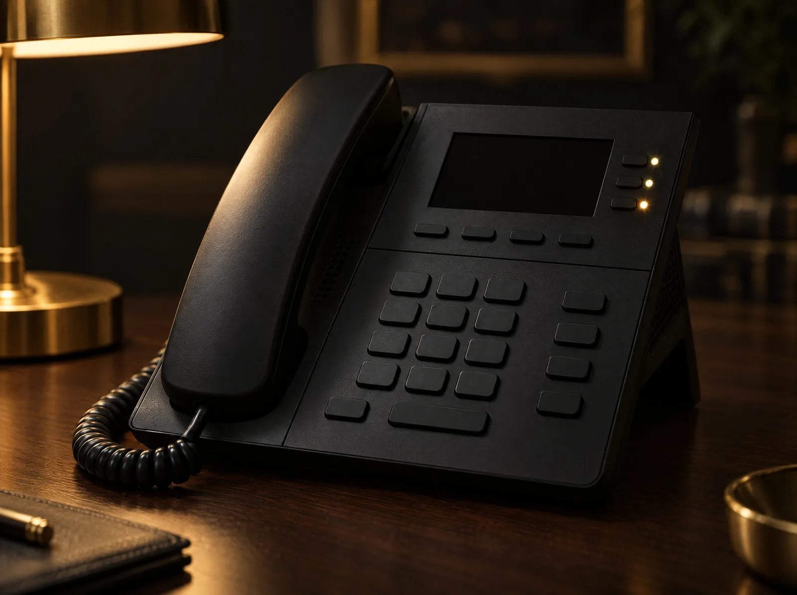 Gros plan d’un téléphone de bureau noir : trois voyants de ligne sont allumés en même temps.