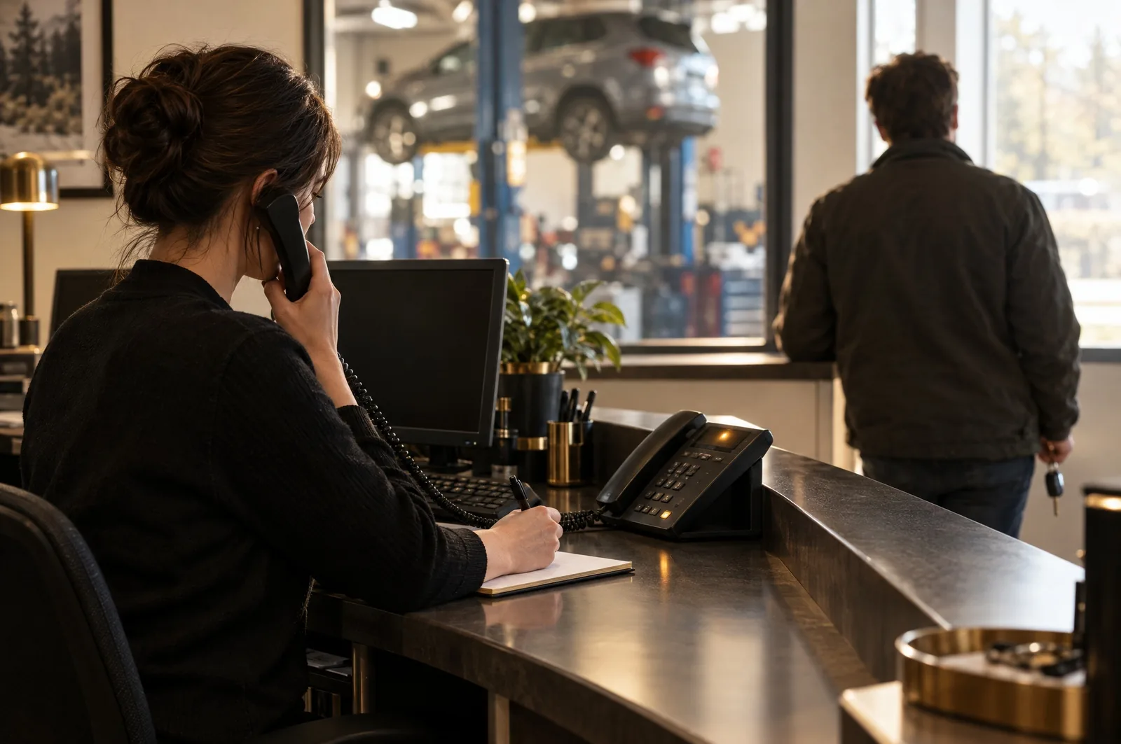 Au comptoir d’un garage, la réceptionniste est déjà au téléphone; le voyant d’un deuxième appareil s’allume et un client attend.
