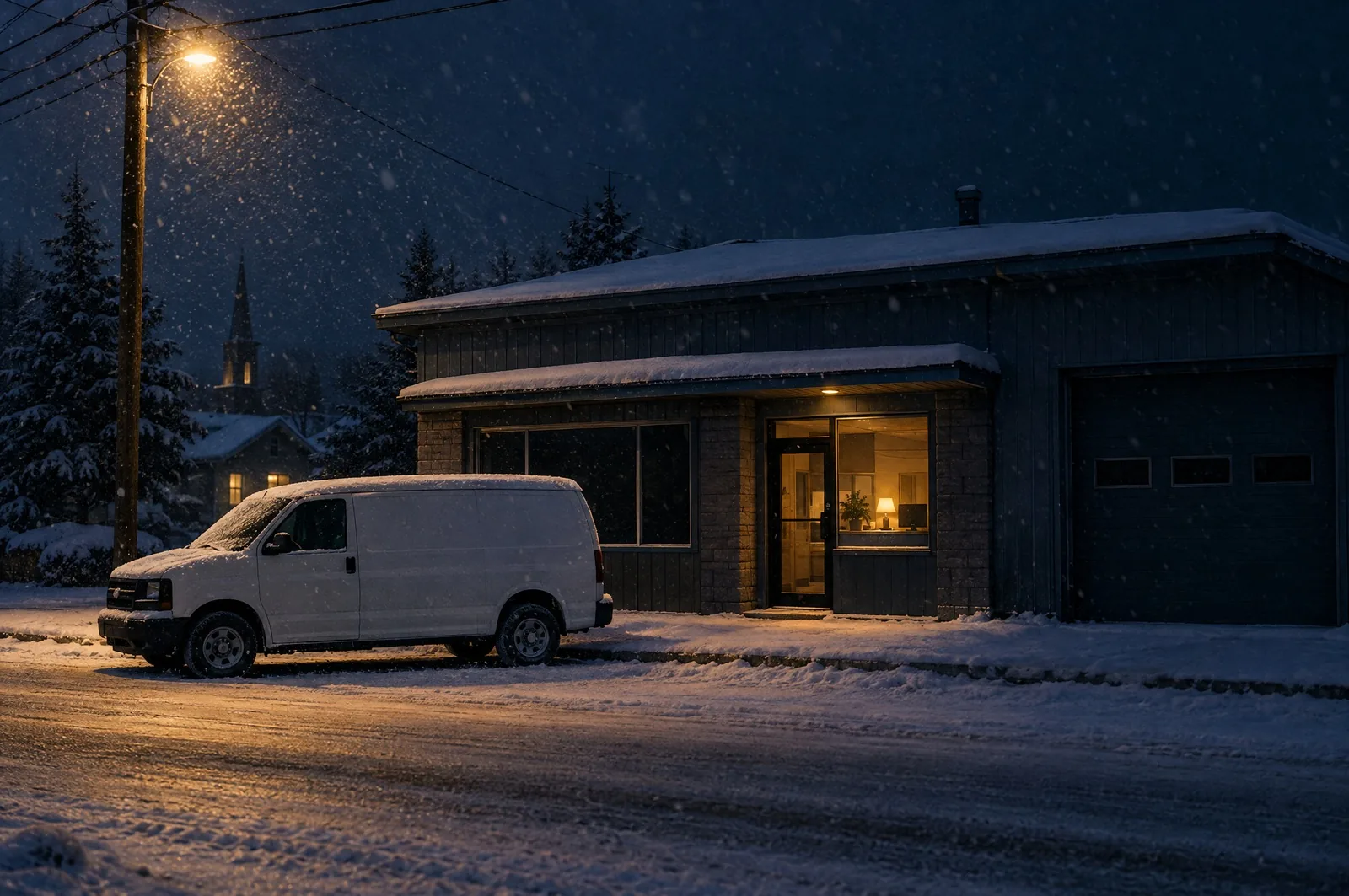 La nuit, sous la neige, un petit commerce fermé; une seule fenêtre est éclairée, près de l’accueil.