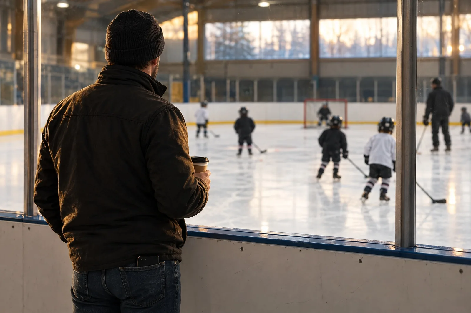 Un samedi matin à l’aréna, un père, de dos, regarde des enfants jouer au hockey, un café à la main; son téléphone reste dans sa poche.