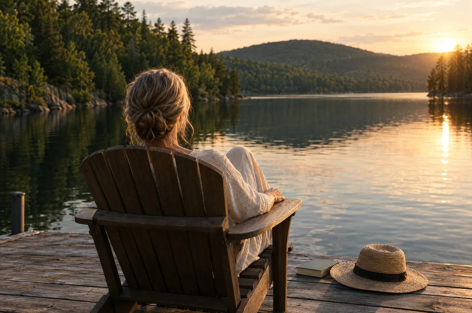 Au bout d’un quai, une femme, de dos, se repose dans une chaise de bois devant un lac au coucher du soleil.