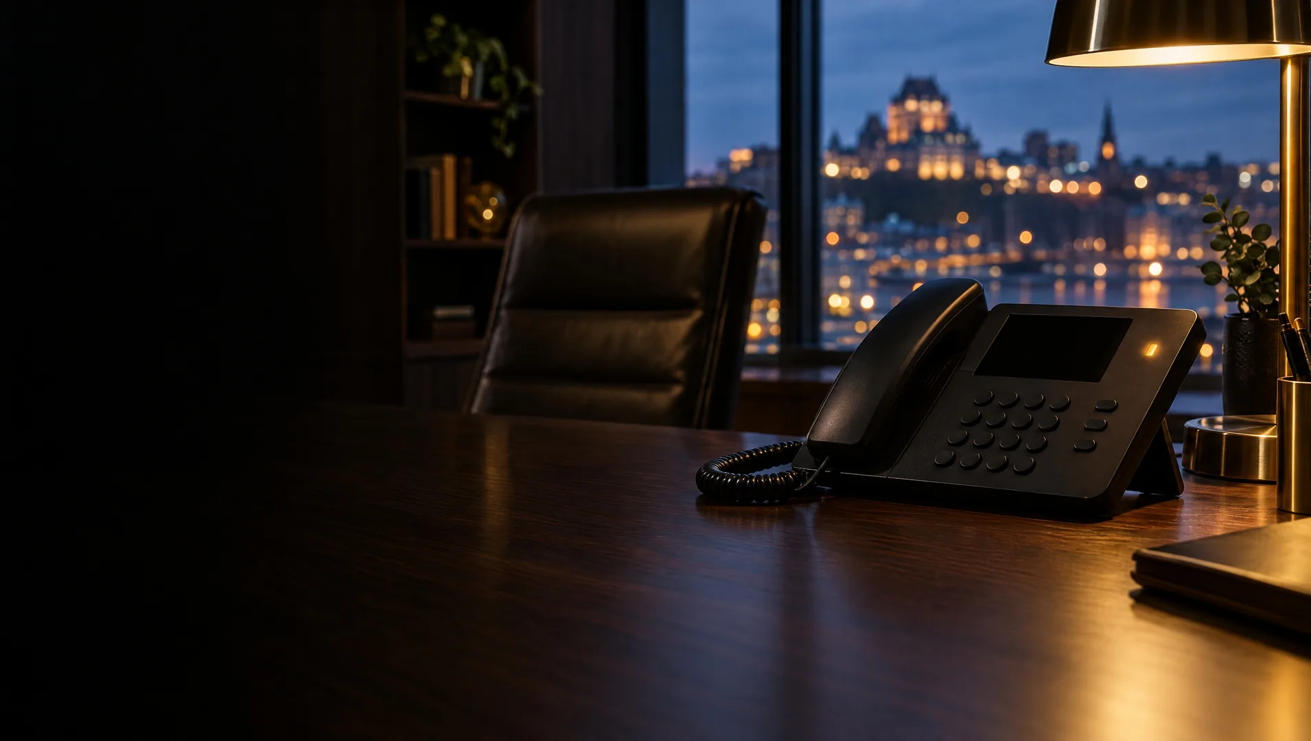 Le soir, sur un bureau de réception vide, le voyant d’un téléphone est allumé; par la fenêtre, les lumières de Québec.